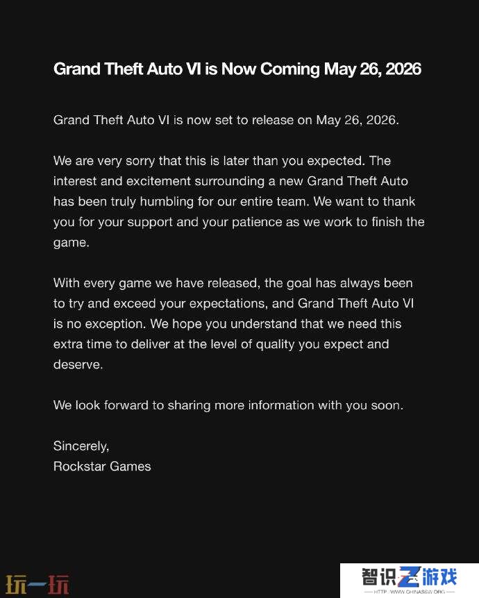 R星宣布《GTA6》发布推迟 将于明年5月26日发布